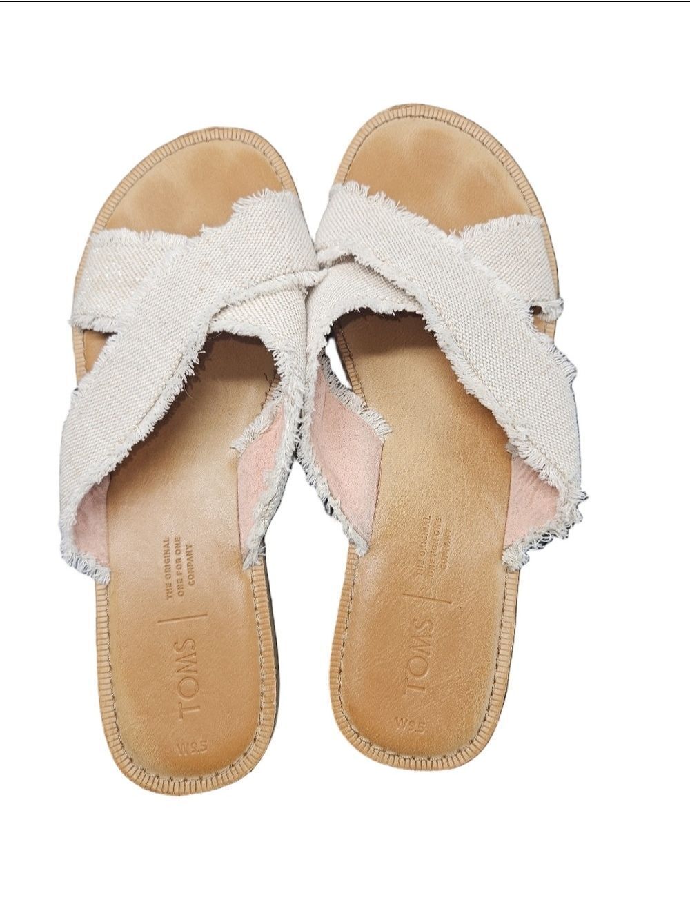 TOMS 9.5 Frayed Cross Strap Slide Sandals Cream Boho Slip-On - Picture 4 of 8